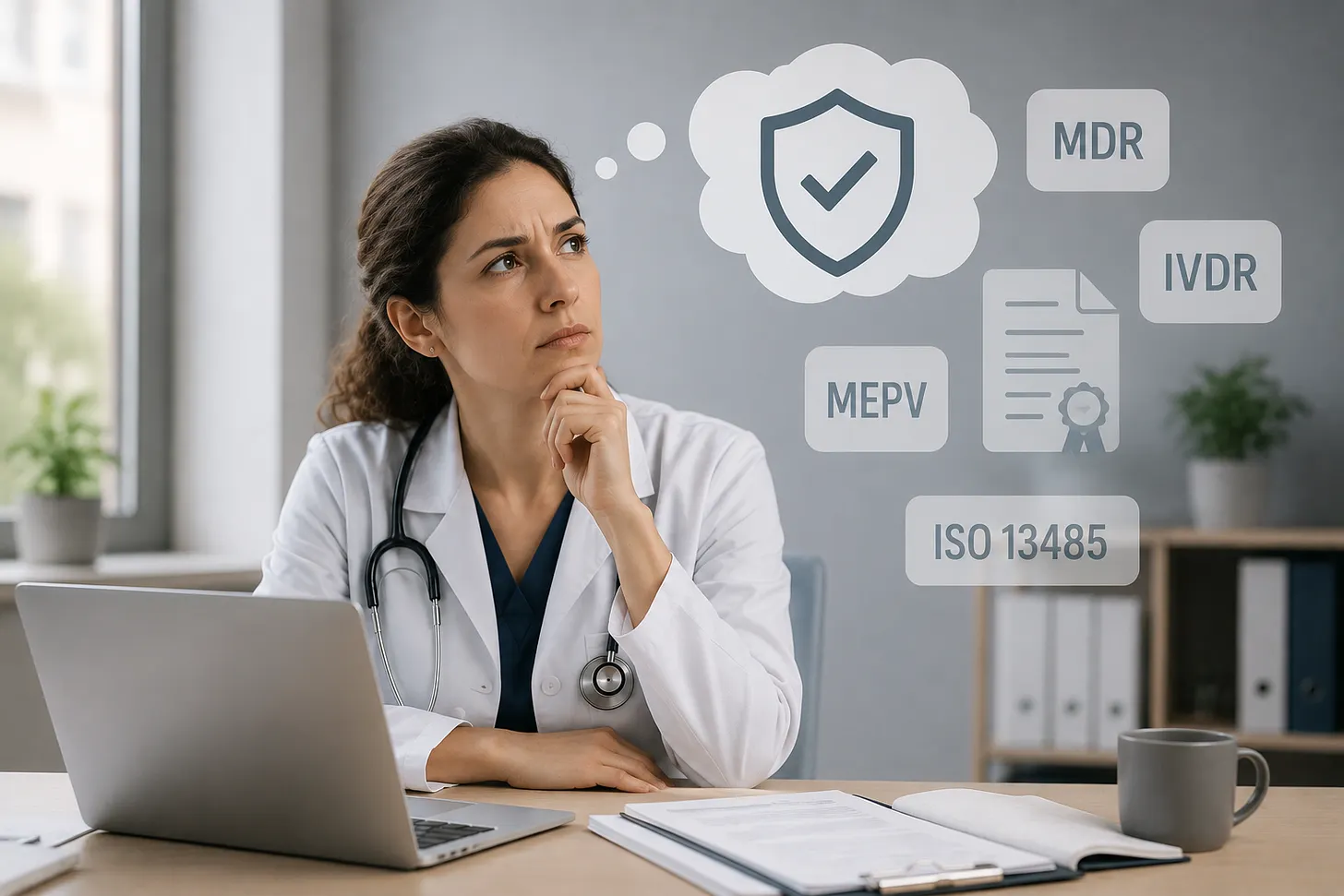 Ärztin am Schreibtisch vor dem Laptop, daneben Symbole für MDR, IVDR, MepV und ISO 13485