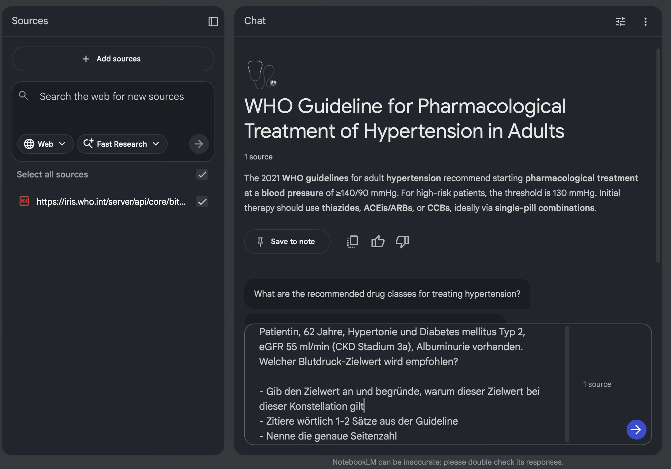 NotebookLM – klinische Frage mit Quellenangabe