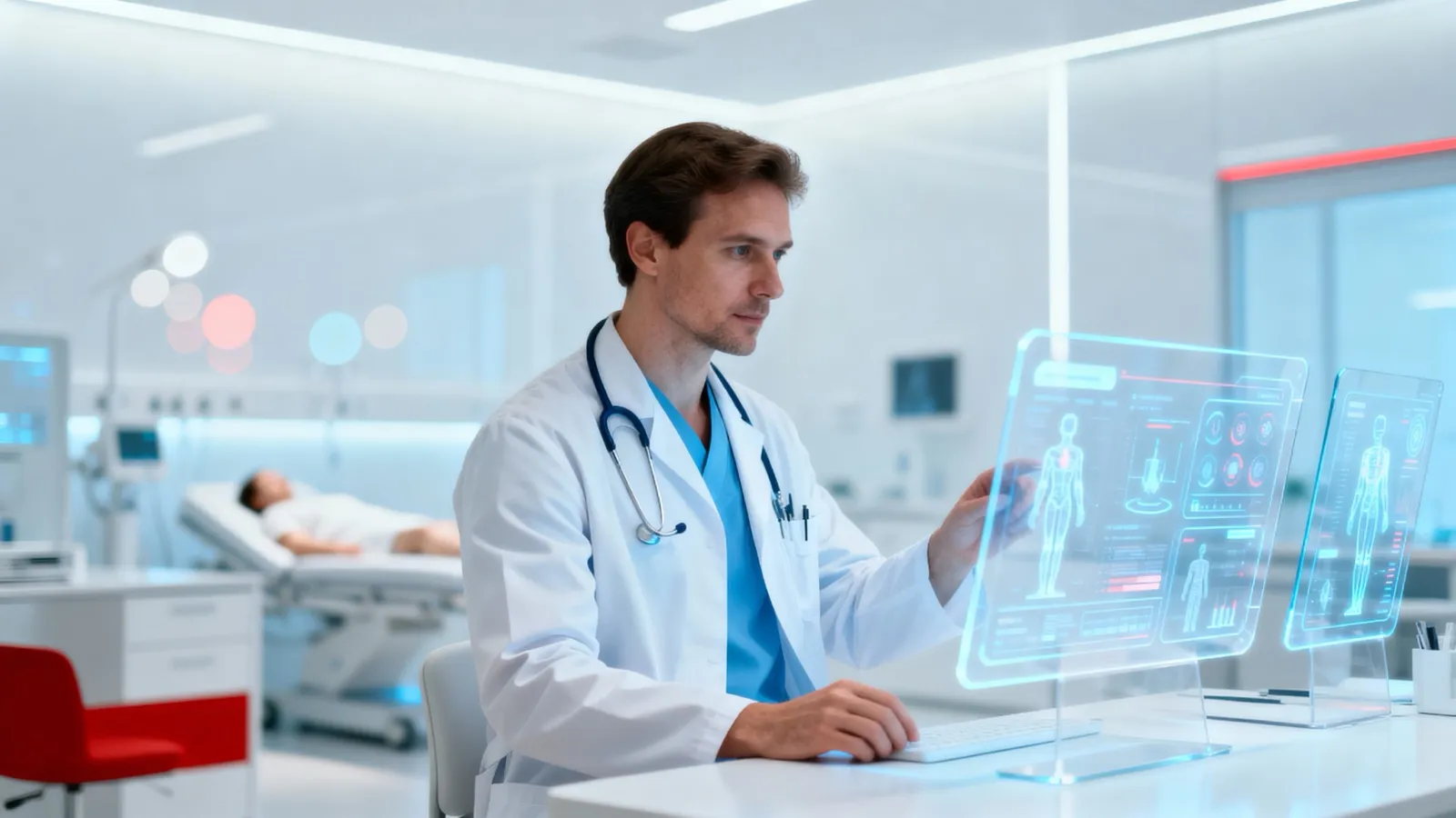 Arzt nutzt KI-gestützte medizinische Schnittstelle in moderner Schweizer Klinik