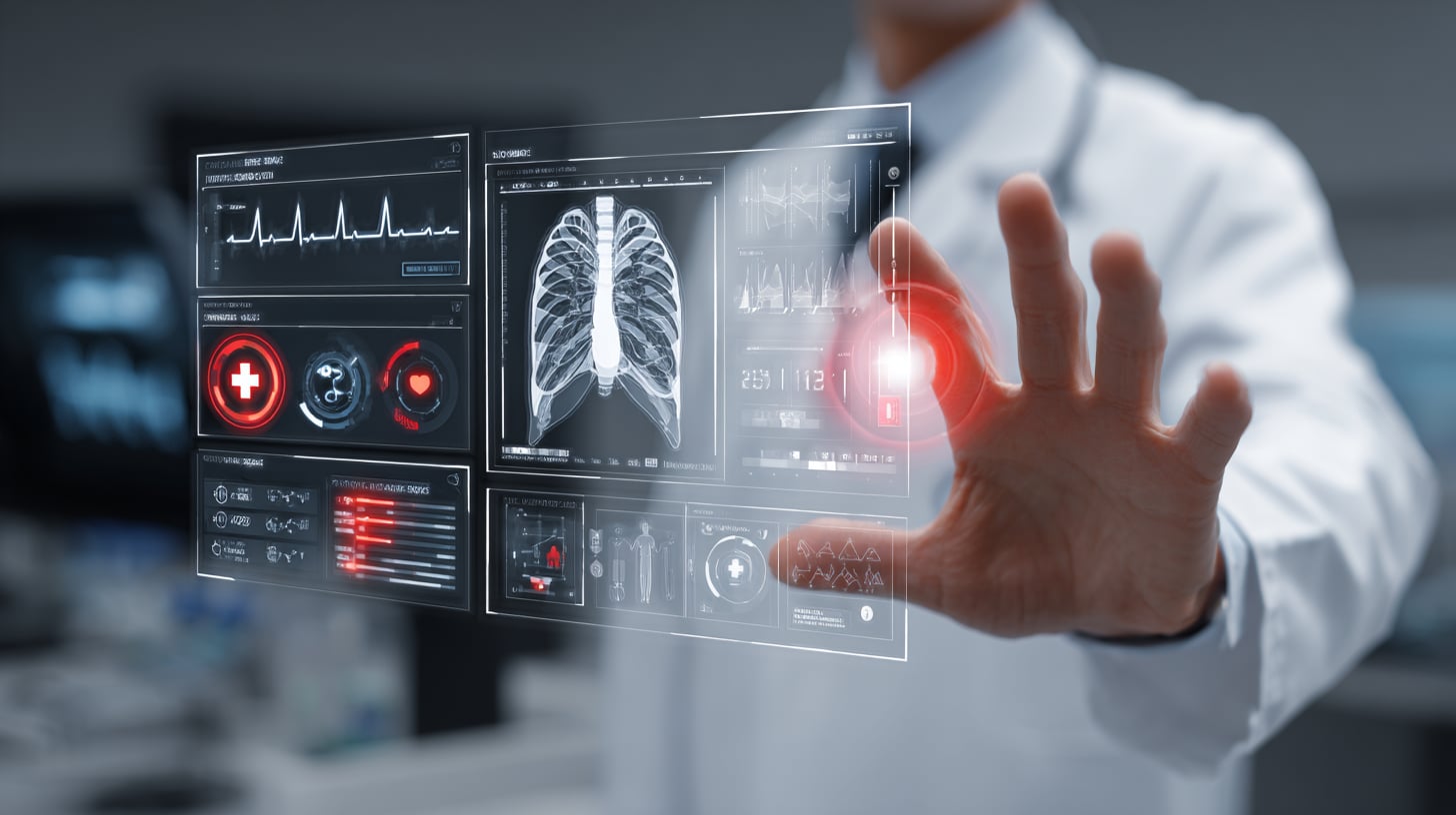 Doctor interacting with AI-powered medical diagnostics interface