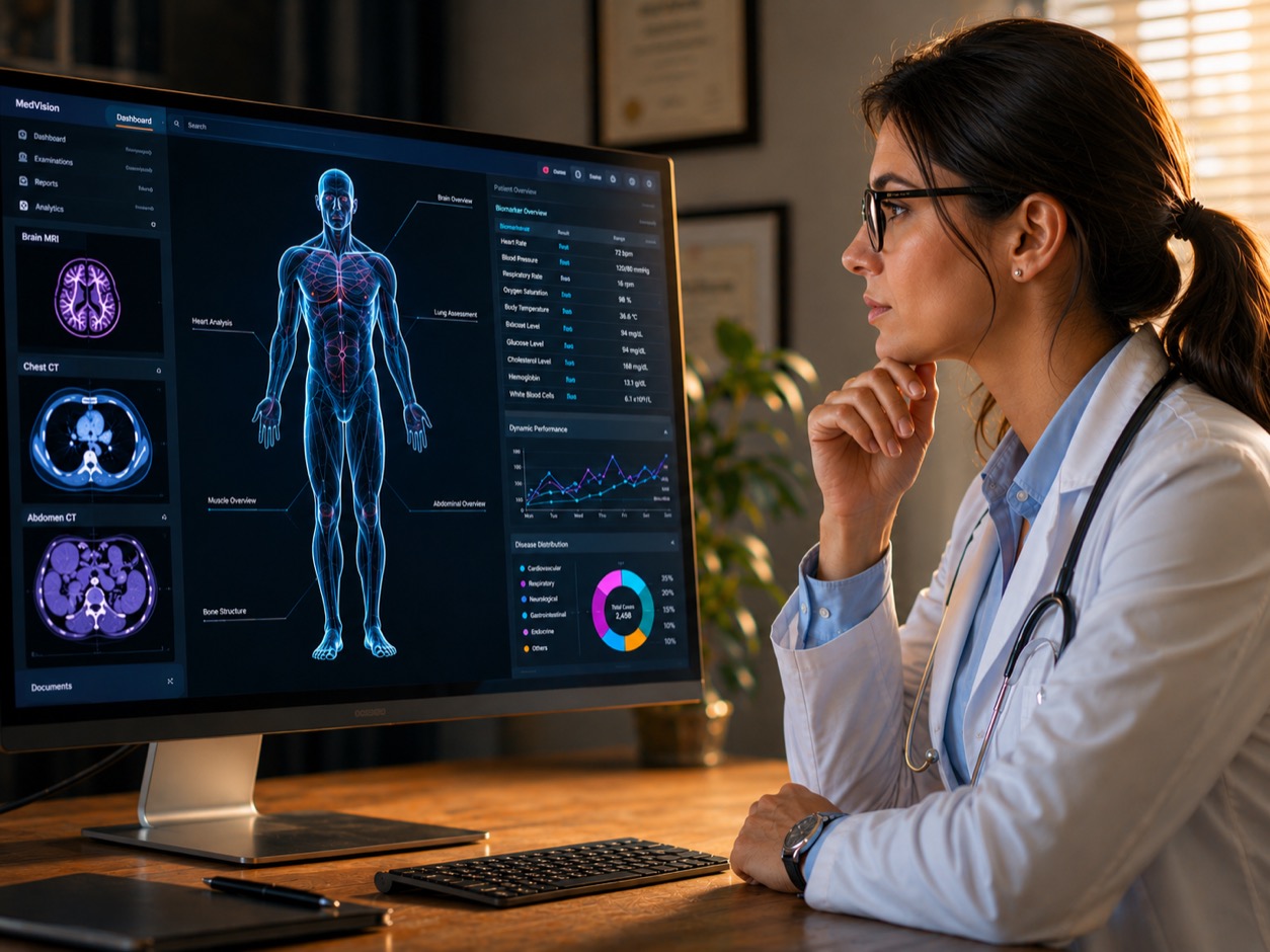 Doctor reviewing AI-powered medical diagnostics dashboard